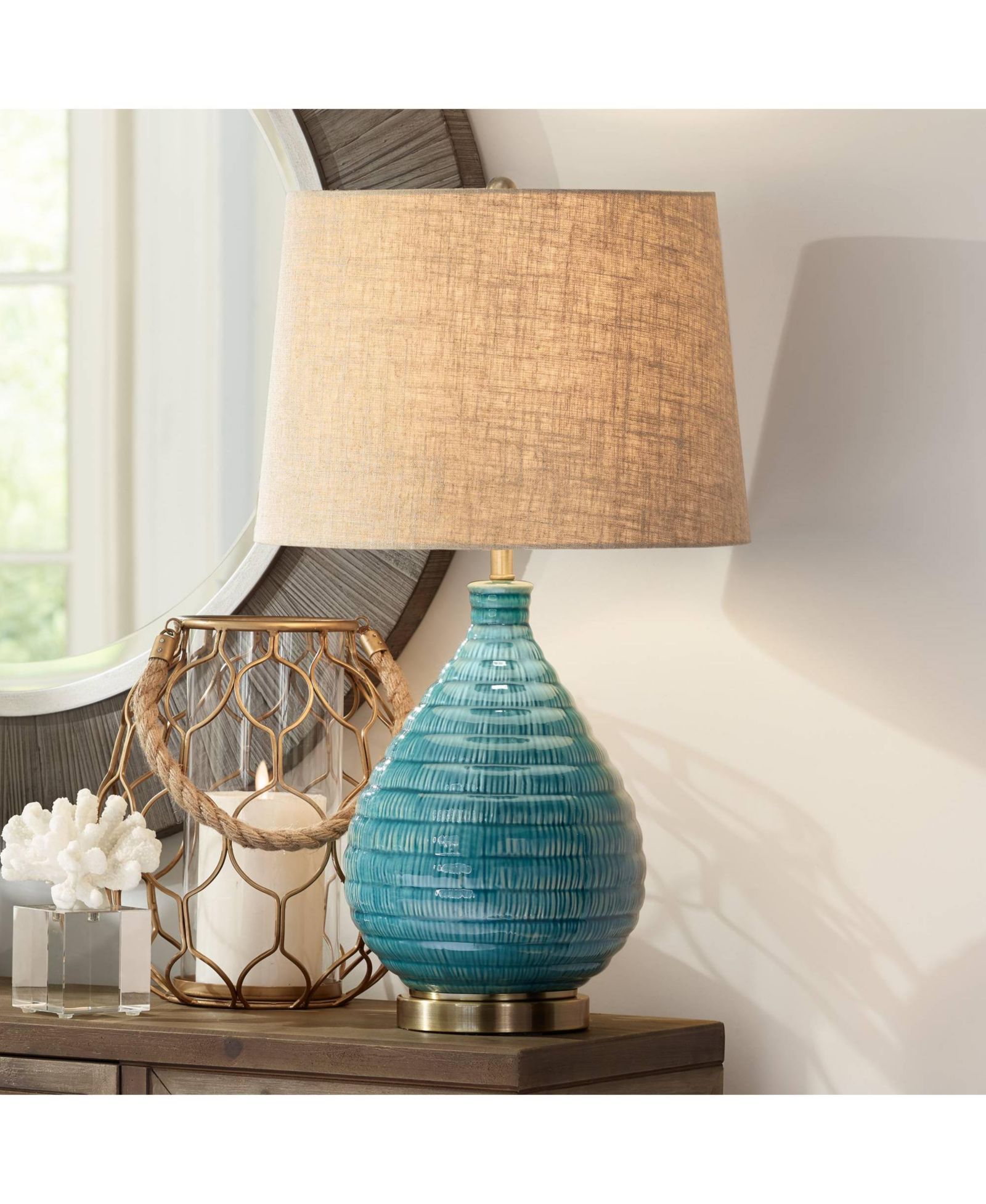Possini Euro Design Kayley Modern Mid Century Table Lamp 24" High Sky Blue Glaze Textured Ceramic Linen Tapered Drum Shade for Bedroom Living Room