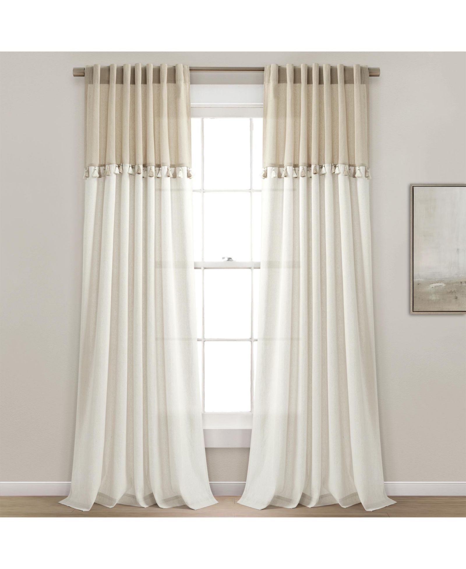 Boho Faux Linen Tassel Color Block Window Curtain Panel