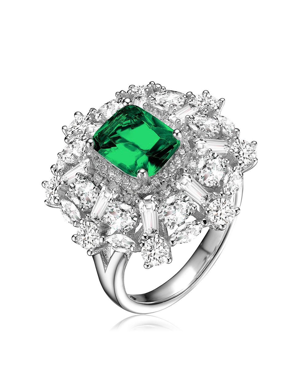 Sterling Silver White Gold Plated with Green Square Cubic Zirconia with Cubic Zirconia's Petals Flower Ring