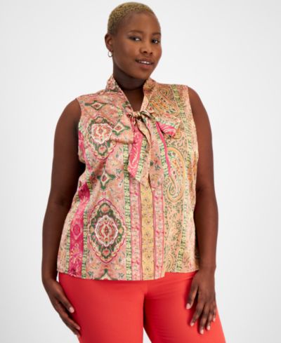 Tahari ASL Plus Size Printed Sleeveless Bow Blouse