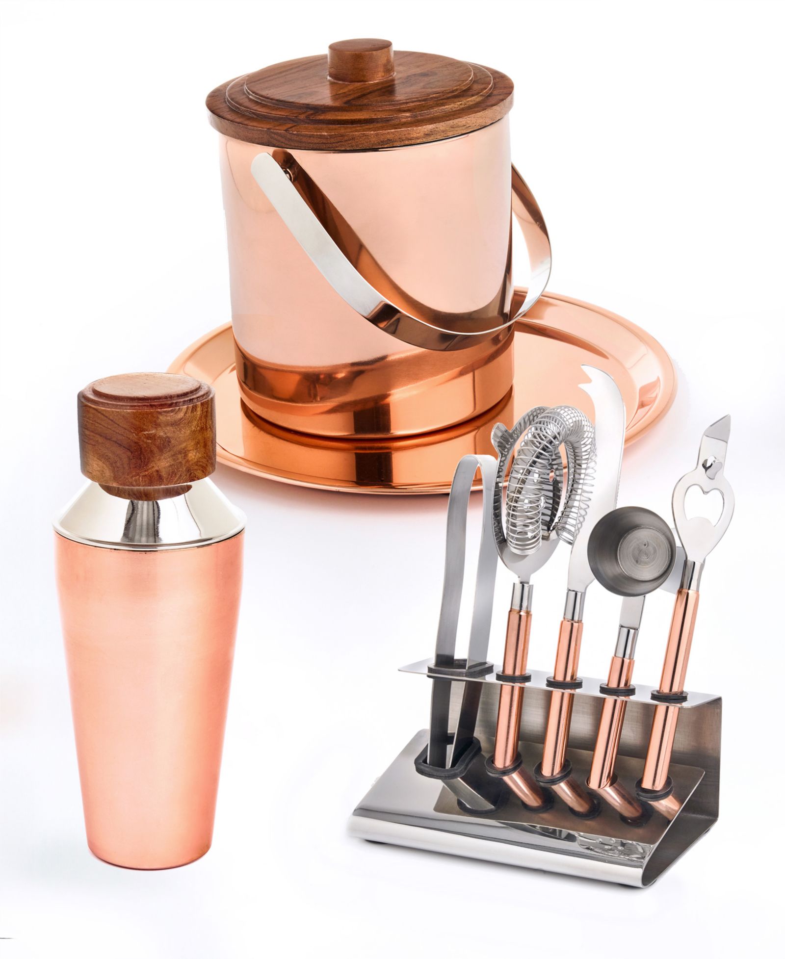 Набор для бара Godinger Signature Collection из 9 предметов из меди и нержавеющей стали с акцентами из акации