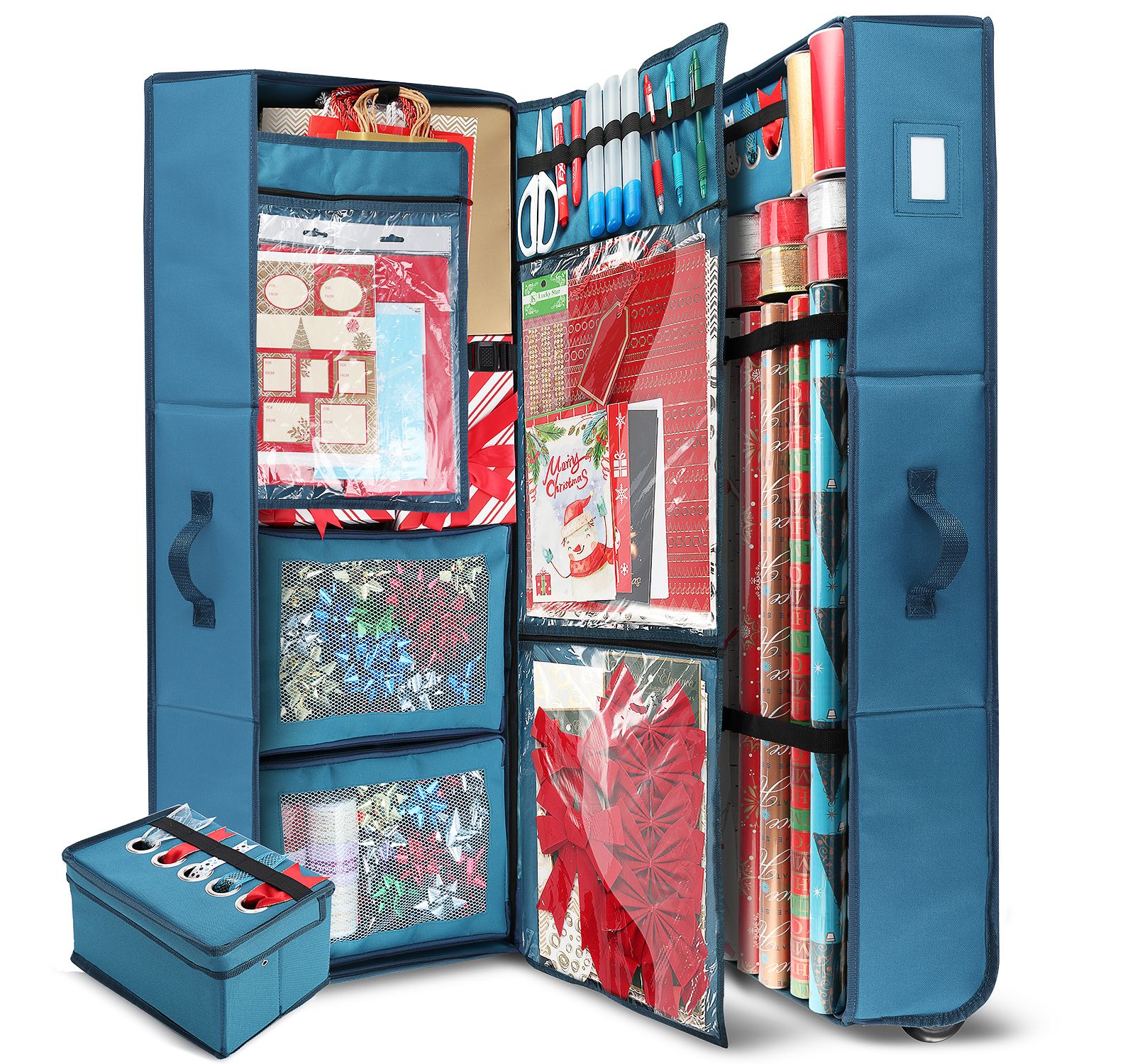 Hearth & Harbor Premium Holiday Gift Wrapping Paper & Accessories Storage Organizer Box - X-Large with Wheels & 2 removable Storage Bins