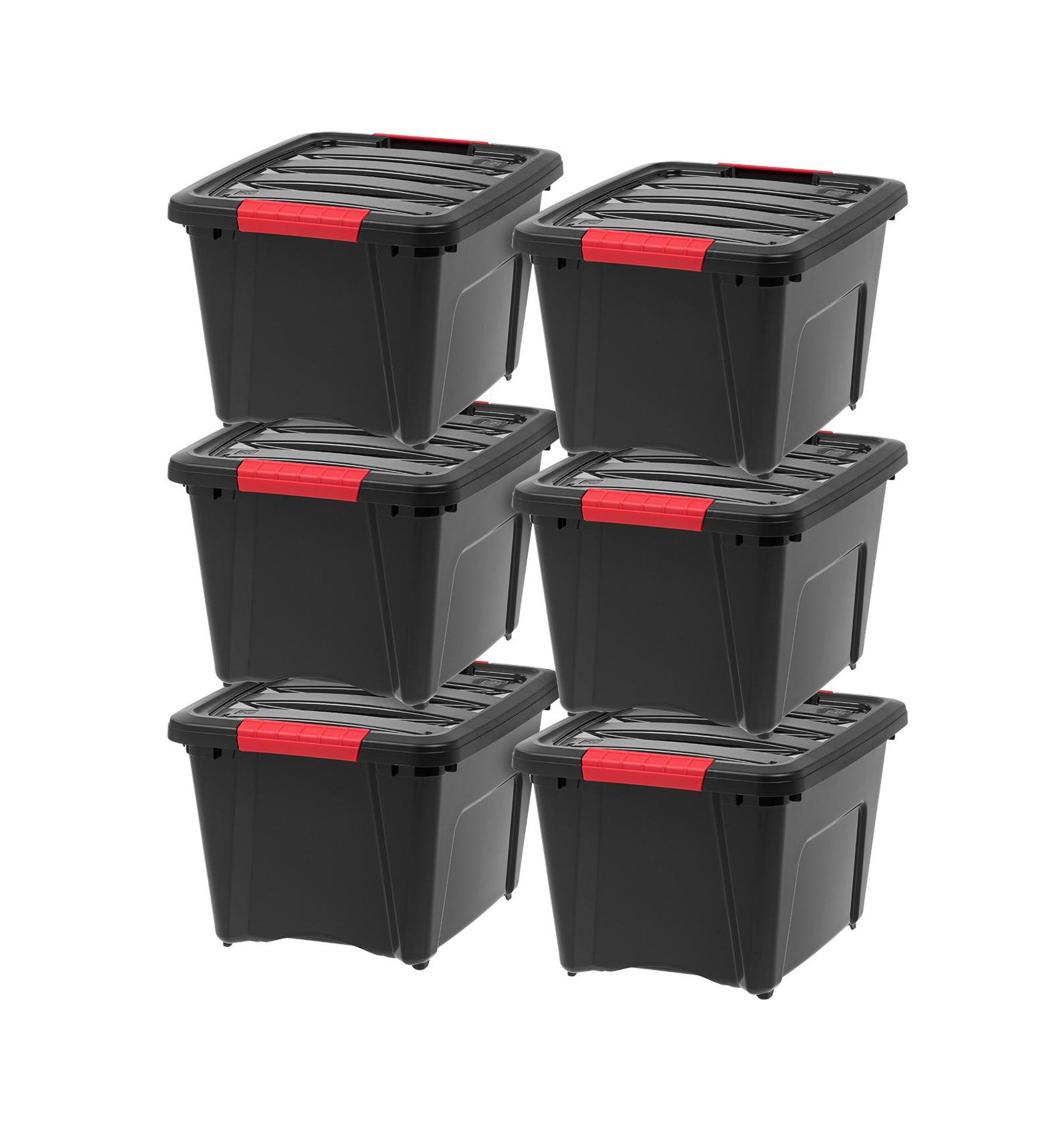 IRIS USA 19 Qt Stackable Plastic Storage Bins with Lids, 6 Pack - BPA-Free, Made in USA - Garage Organizing Solution, Latches, Durable Nestable Containers, Secure Pull Handle - Black