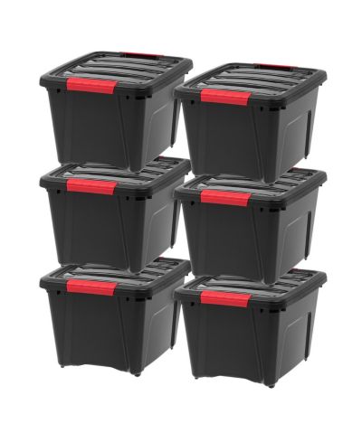 IRIS USA 19 Qt Stackable Plastic Storage Bins with Lids, 6 Pack - BPA-Free, Made in USA - Garage Organizing Solution, Latches, Durable Nestable Containers, Secure Pull Handle - Black