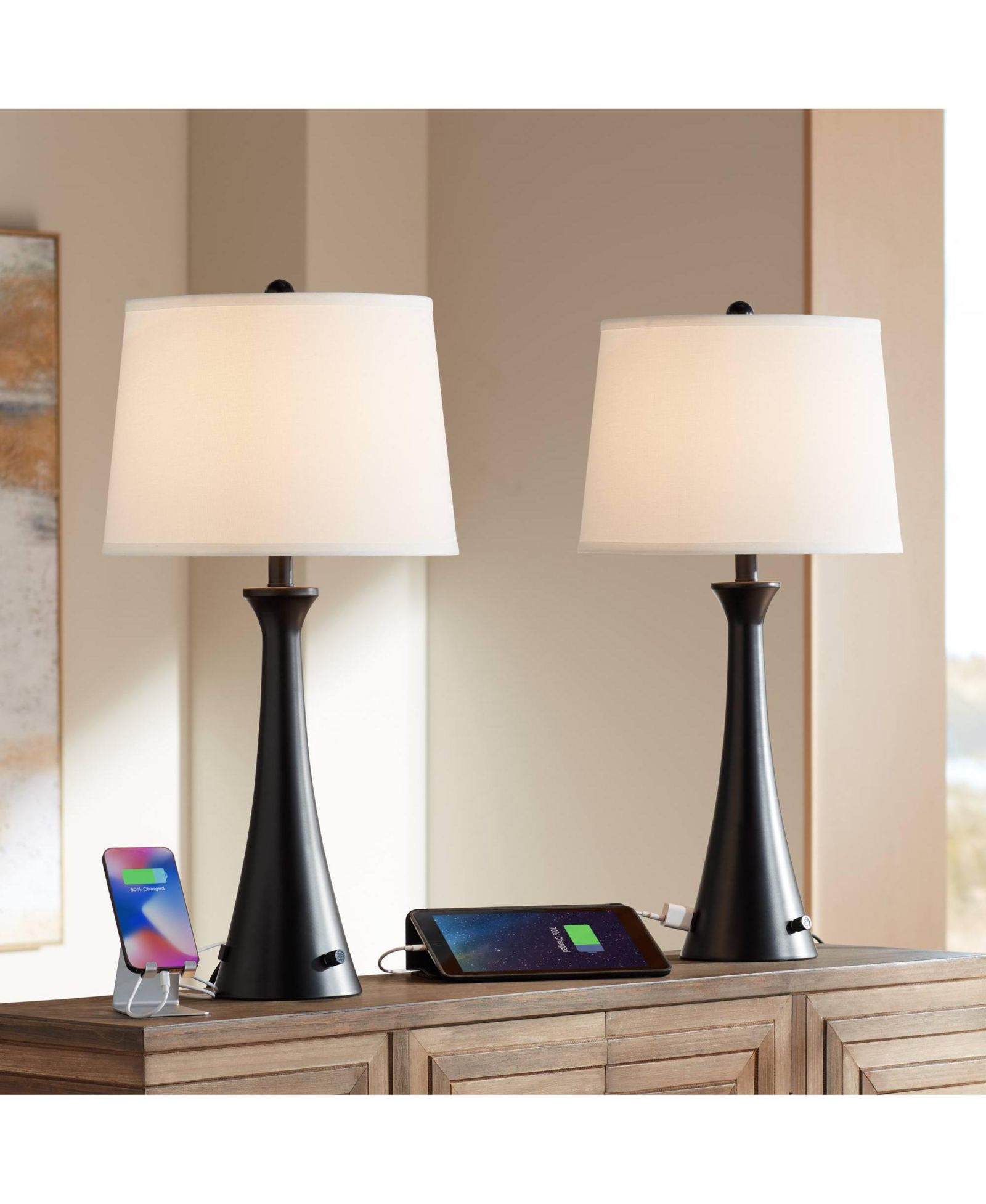 Possini Euro Design Karl Modern Table Lamps 28 1/4" Tall Set of 2 Black Metal with USB and AC Power Outlet in Base White Drum Shade for Bedroom
