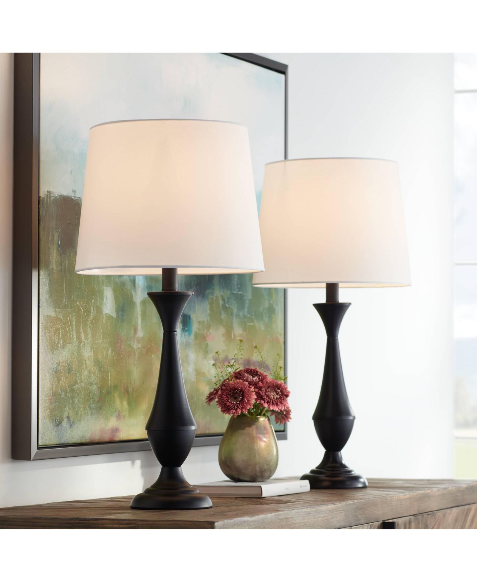 360 Lighting Joyce Modern Table Lamps 24" High Set of 2 Metal Linen Tapered Drum Shade for Bedroom Living Room Bedside Nightstand Office