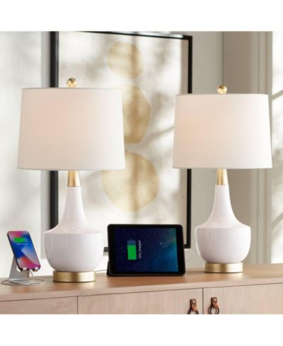 Набор из 2 настольных ламп 360 Lighting Mid Century Modern с USB портом, белый и золотой керамический металл для гостиной