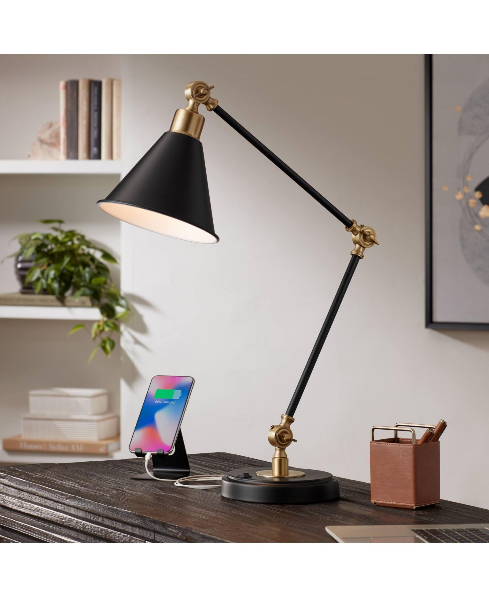 Possini Euro Design Modern Industrial Desk Table Lamp with USB Charging Port Adjustable 26.75" High Black Antique Brass for Bedroom Bedside Office