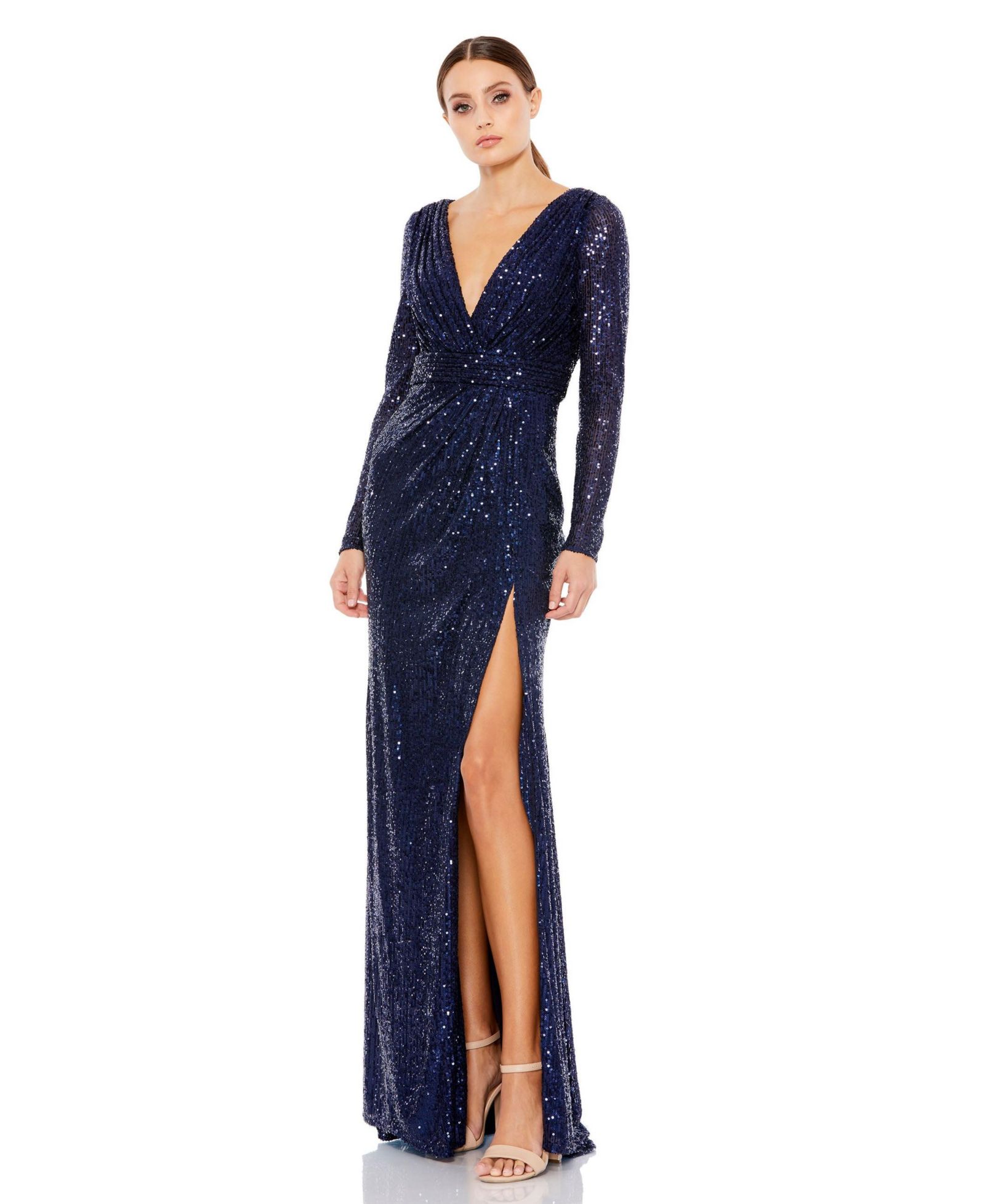 Женское вечернее платье Mac Duggal Floor-Length Sequin Gown с длинными рукавами и прозрачными вставками