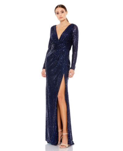 Женское вечернее платье Mac Duggal Floor-Length Sequin Gown с длинными рукавами и прозрачными вставками
