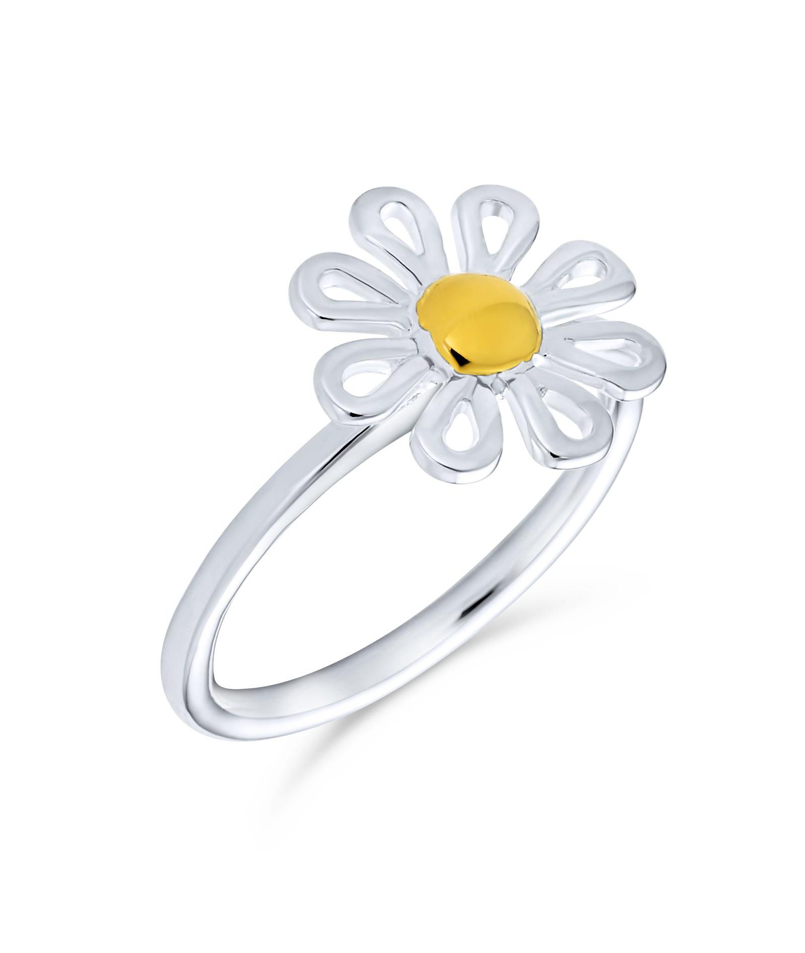 Bling Jewelry Delicate Tiny Two Tone Flower Daisy кольцо 1MM Band Gold Plated Sterling Silver