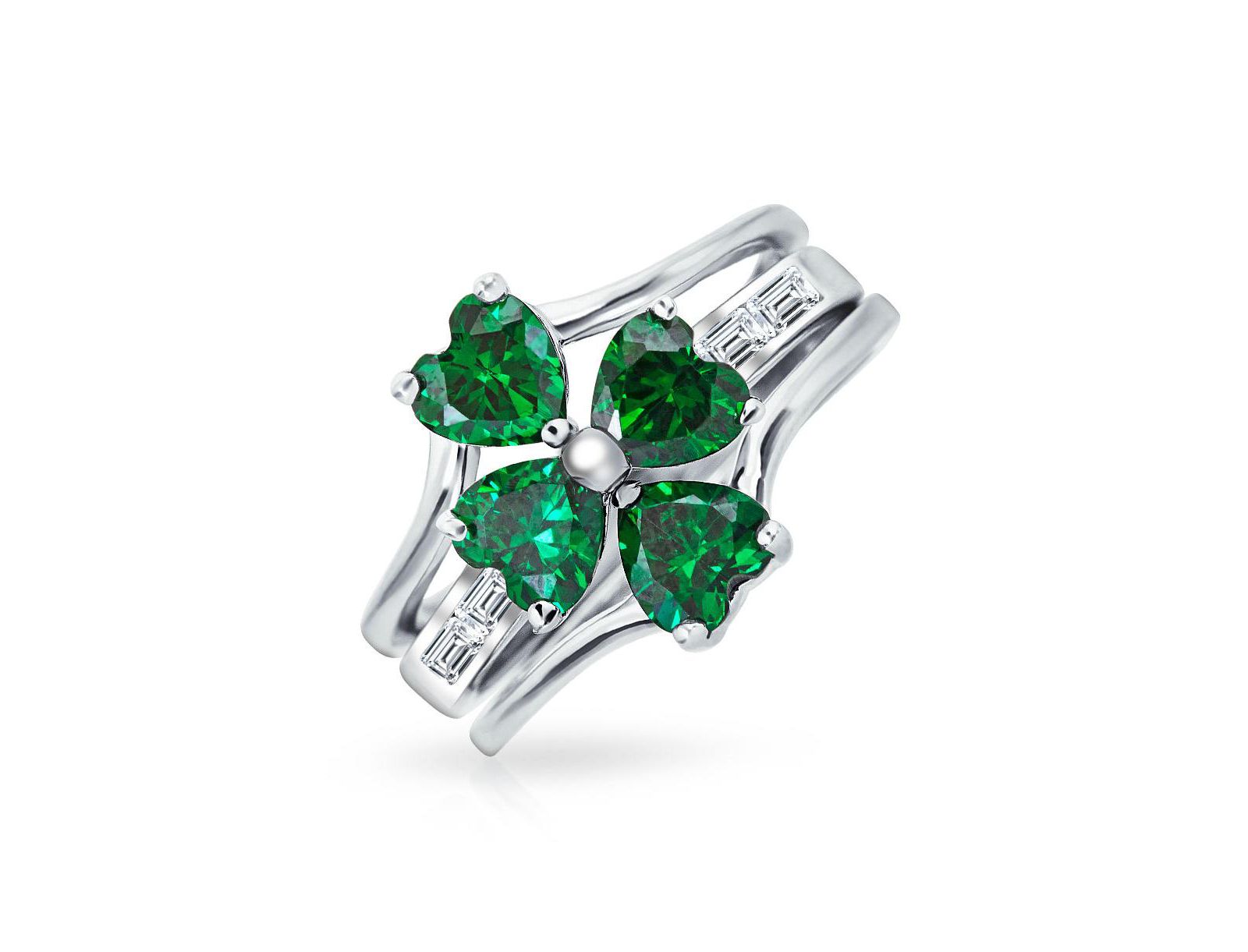 Кольцо Bling Jewelry Good Luck Green CZ Shamrock Heart Clover, .925 Sterling Silver