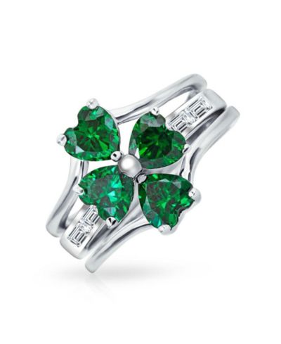 Кольцо Bling Jewelry Good Luck Green CZ Shamrock Heart Clover, .925 Sterling Silver