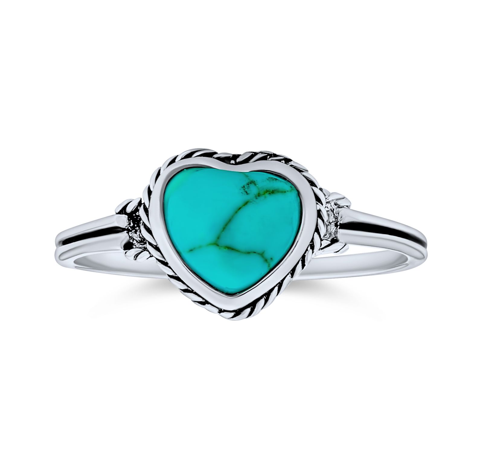Bling Jewelry Romantic Blue Turquoise Bezel Set Promise Heart Ring .925 Sterling Silver