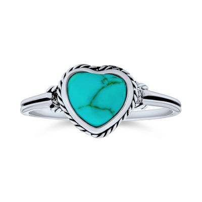 Bling Jewelry Romantic Blue Turquoise Bezel Set Promise Heart Ring .925 Sterling Silver