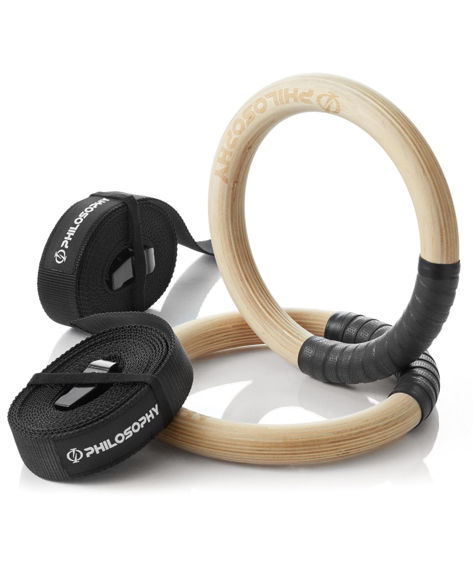 Гимнастические кольца Philosophy Gym Wood 1", набор с ремнями и лентой для подтягиваний