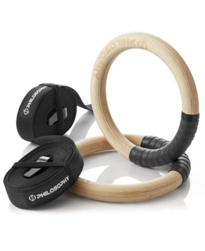 Гимнастические кольца Philosophy Gym Wood 1", набор с ремнями и лентой для подтягиваний