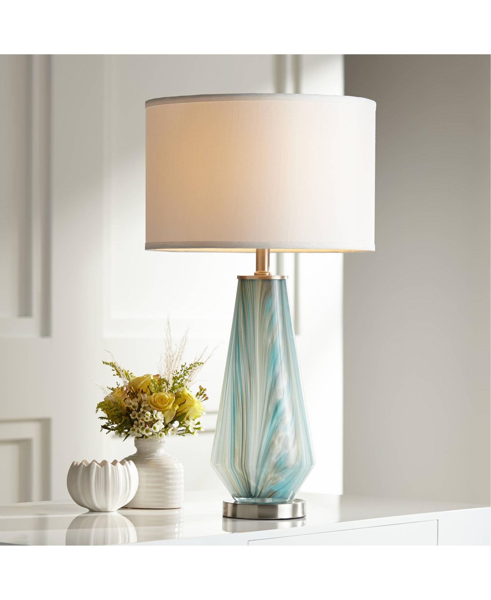 Possini Euro Design Современная настольная лампа Jaime, 26" High, Blue Gray Art Glass, White Drum Shade