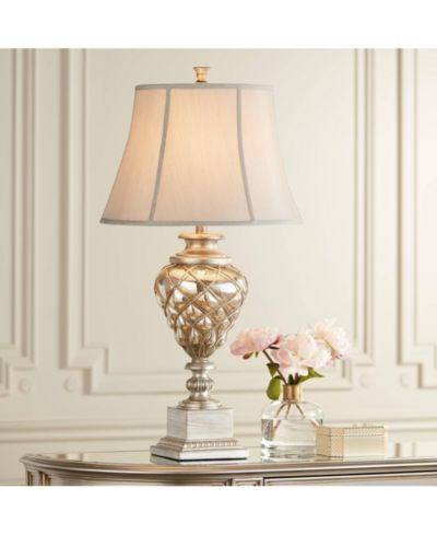 Barnes and Ivy Luke Traditional Table Lamp 33 3/4" Tall Mercury Glass with Nightlight LED Off Mist Fabric Bell Shade for Bedroom Living Room