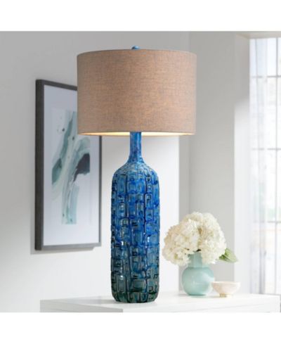 Possini Euro Design Mid Century Modern Table Lamp Ceramic Tiled Teal Tall Tan Linen Drum Shade for Living Room Family Bedroom (Colors May Vary)