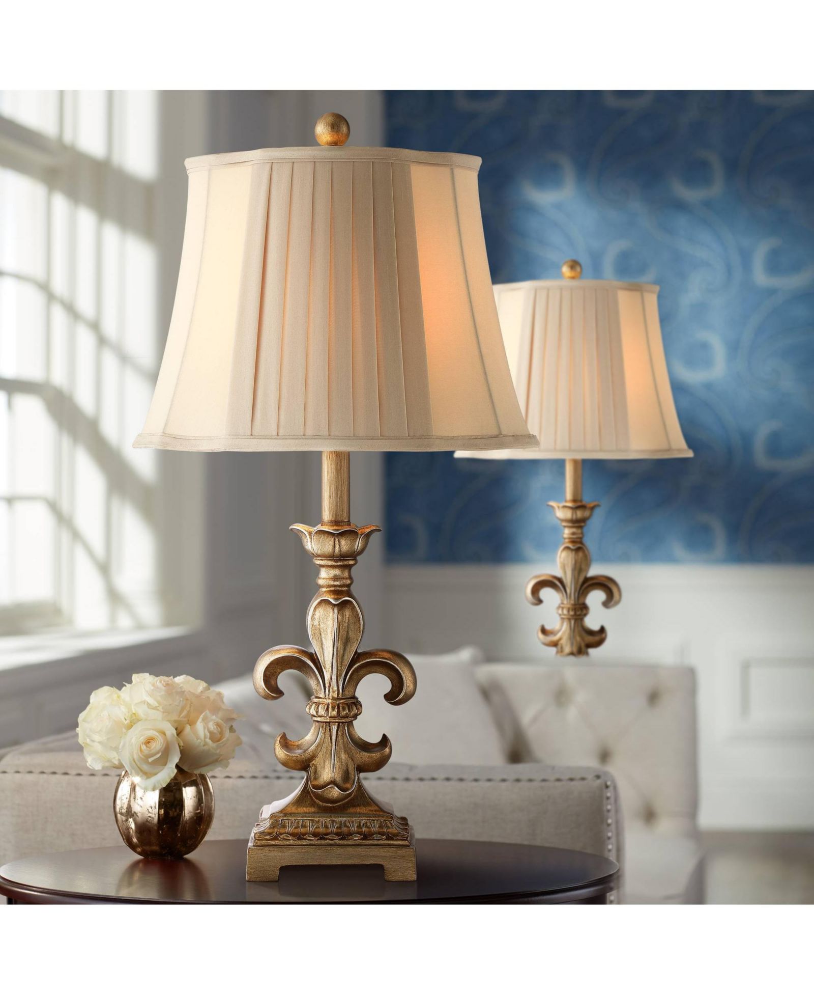 Regency Hill Louis Traditional Table Lamps 25 3/4" High Set of 2 Antique Gold Pleated Bell Shade for Bedroom Living Room Bedside Nightstand Office