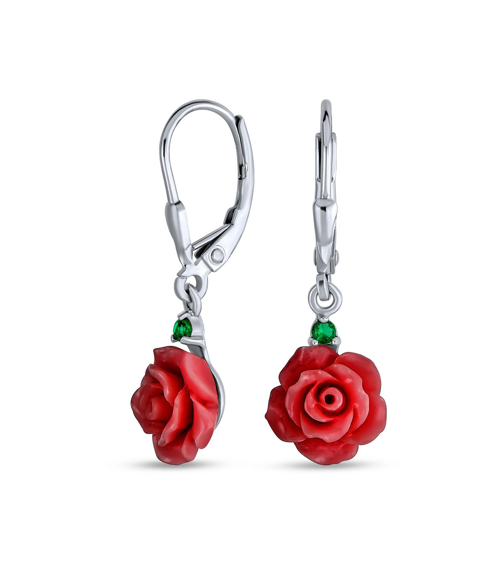 Bling Jewelry Romantic Floral 3D Red Rose Flower Stud Earrings Sterling Silver Lever back