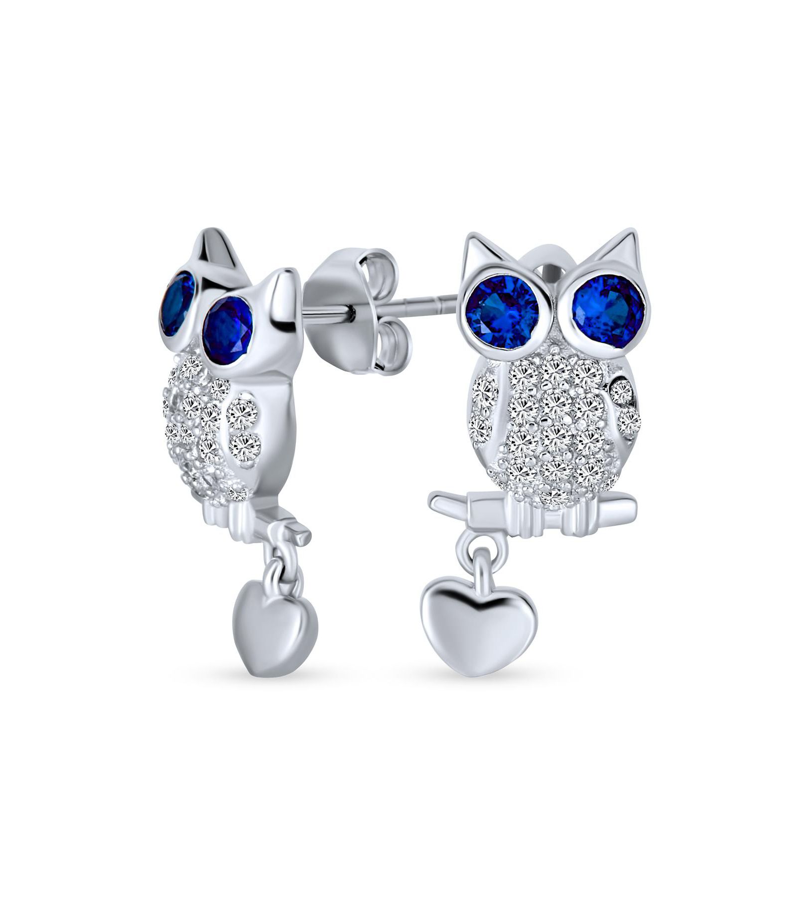 Bling Jewelry Wise Graduate Owl Stud Earrings Blue Eye CZ Heart Charm Sterling Silver
