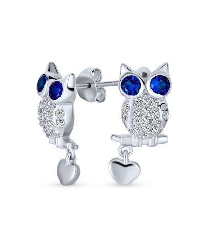 Bling Jewelry Wise Graduate Owl Stud Earrings Blue Eye CZ Heart Charm Sterling Silver