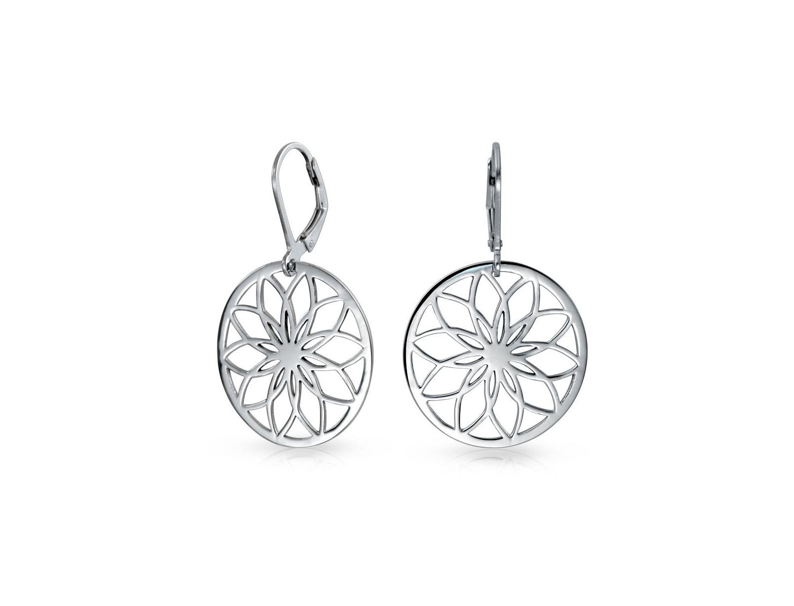 Bling Jewelry Cutout Round Circle Disc Flower Dangle Earrings Lever Back Sterling Silver