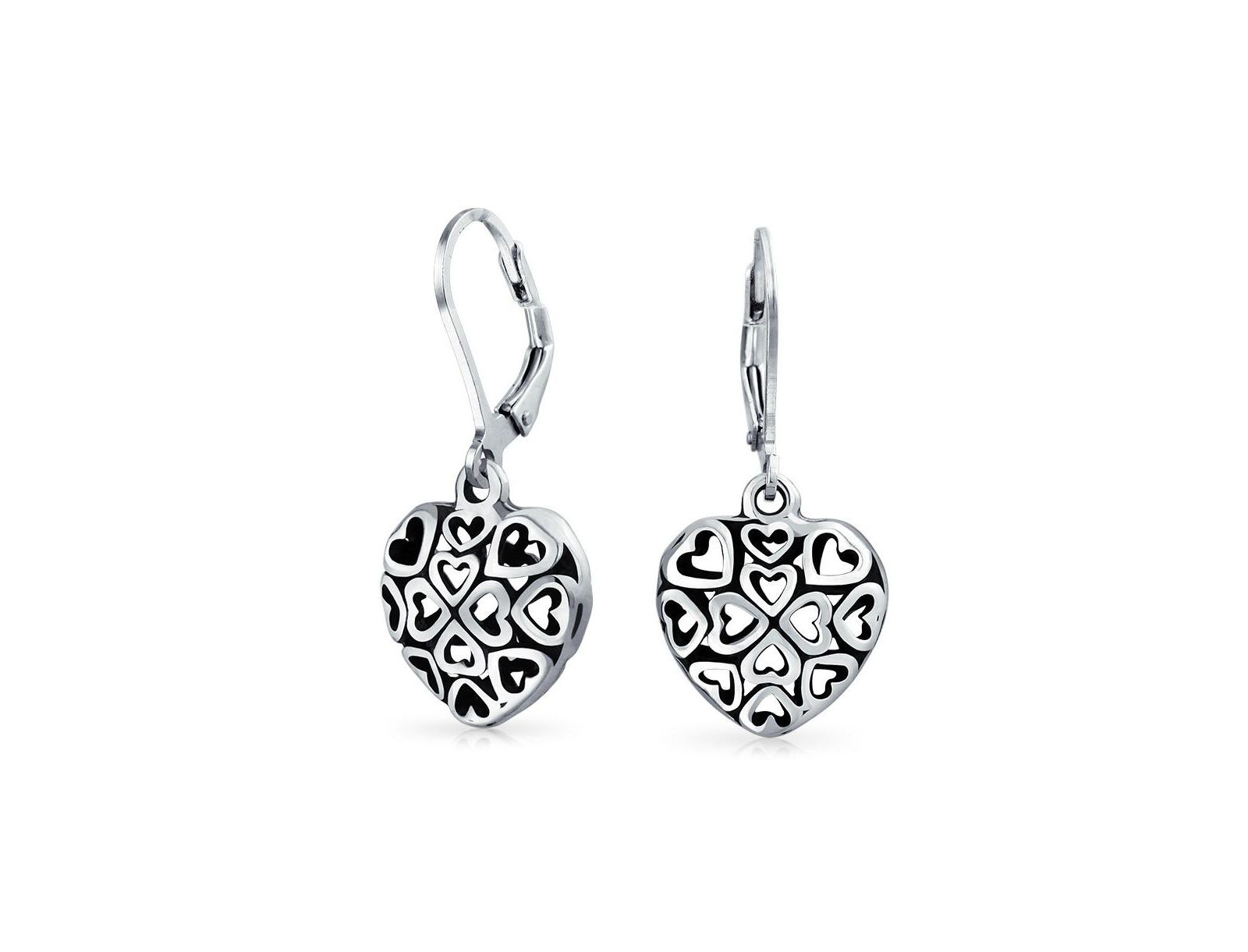 Bling Jewelry Romantic Flower Filigree Puff Heart Dangle Earrings .925 Sterling Silver