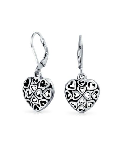 Bling Jewelry Romantic Flower Filigree Puff Heart Dangle Earrings .925 Sterling Silver
