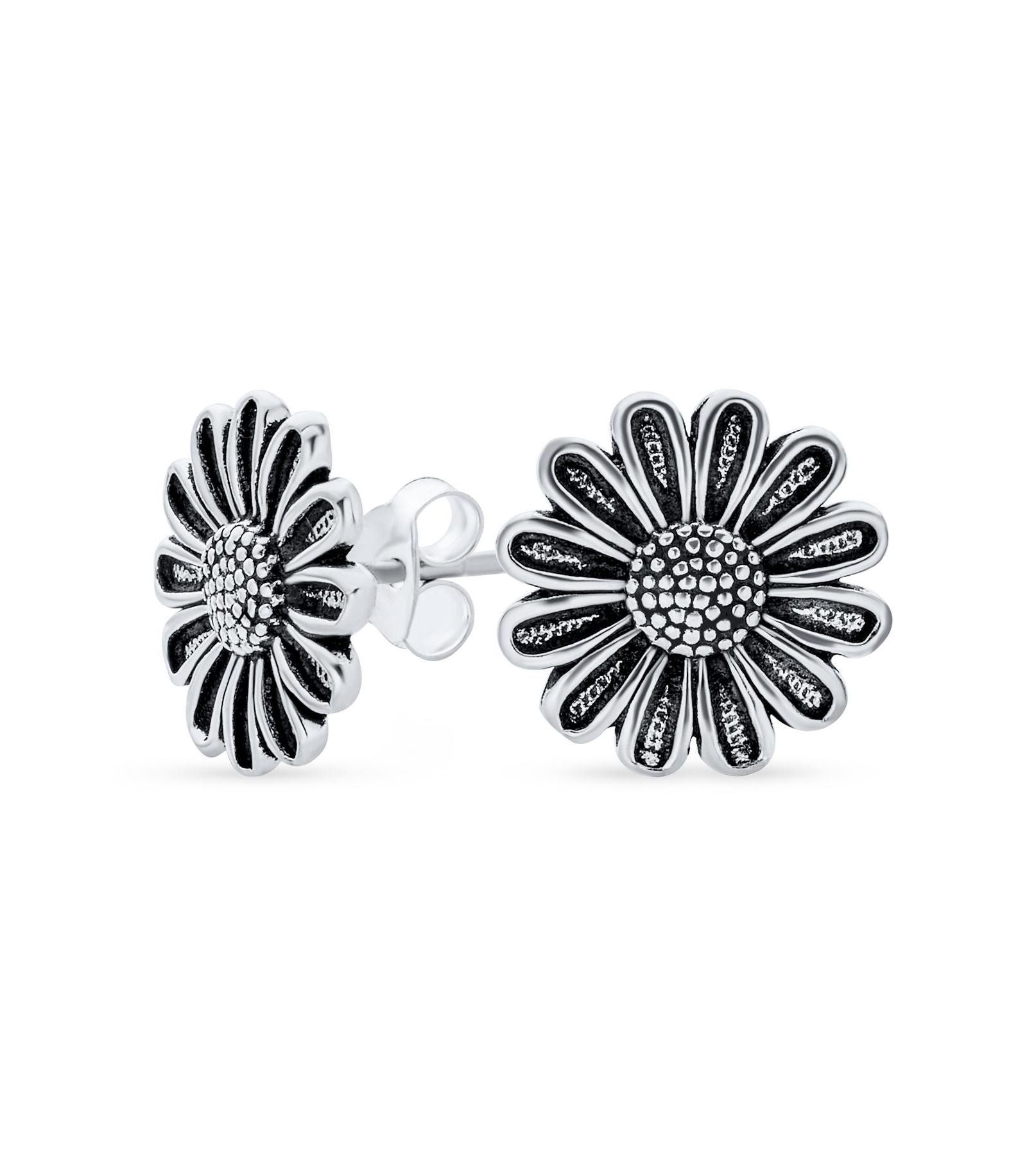 Bling Jewelry Retro Floral Garden Sunflower Stud Earrings Oxidized .925 Sterling Silver