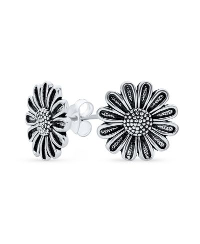 Bling Jewelry Retro Floral Garden Sunflower Stud Earrings Oxidized .925 Sterling Silver