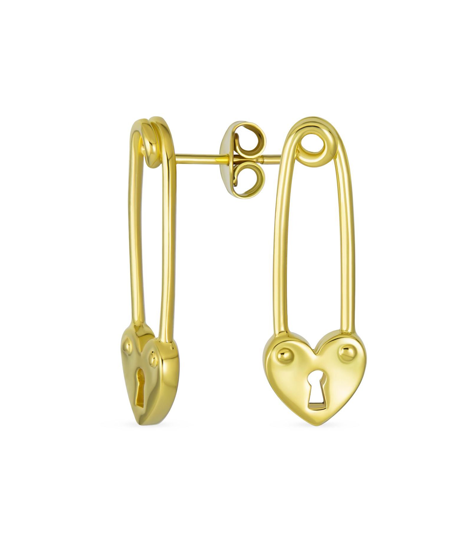 Bling Jewelry Romantic Heart Lock Safety Pin Drop Earrings .925 Sterling Silver