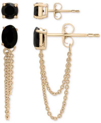 Комплект из 2-х сережек-подвесок Onyx Stud & Chain в позолоченном стерлинговом серебре 14k