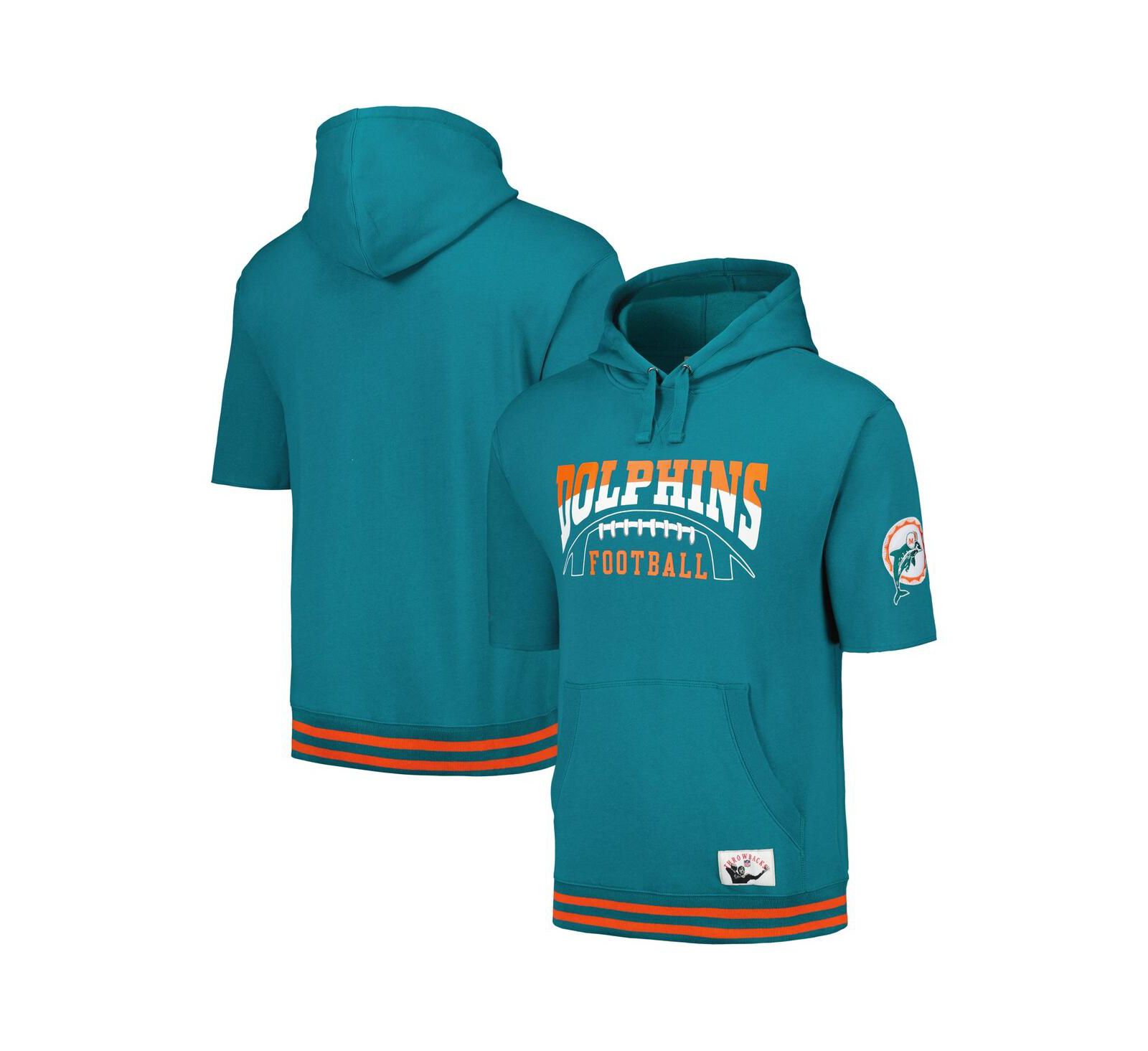 Men's Mitchell & Ness Aqua Miami Dolphins Pre-Game Short Sleeve Pullover Hoodie