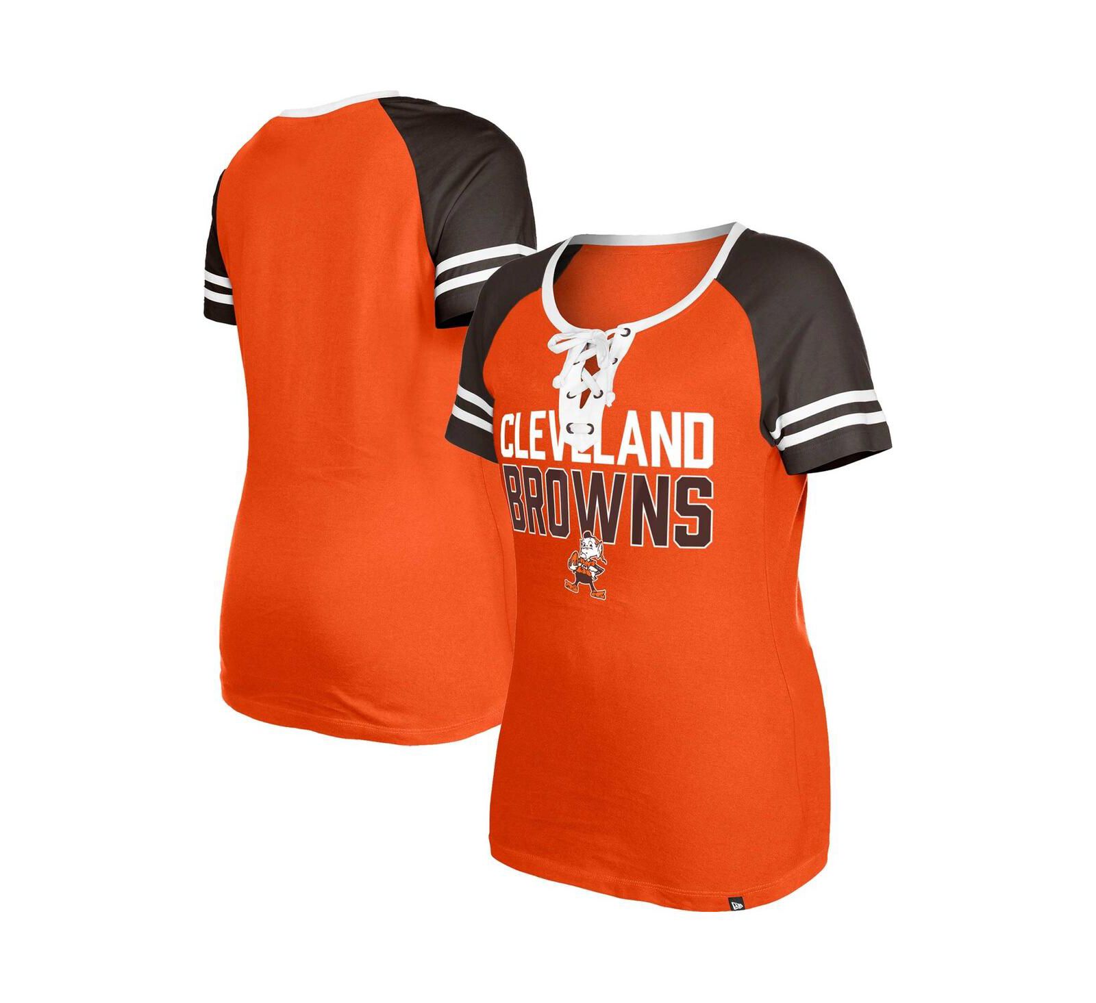 Women's New Era Orange Distressed Cleveland Browns Throwback Raglan Lace-Up T-shirt