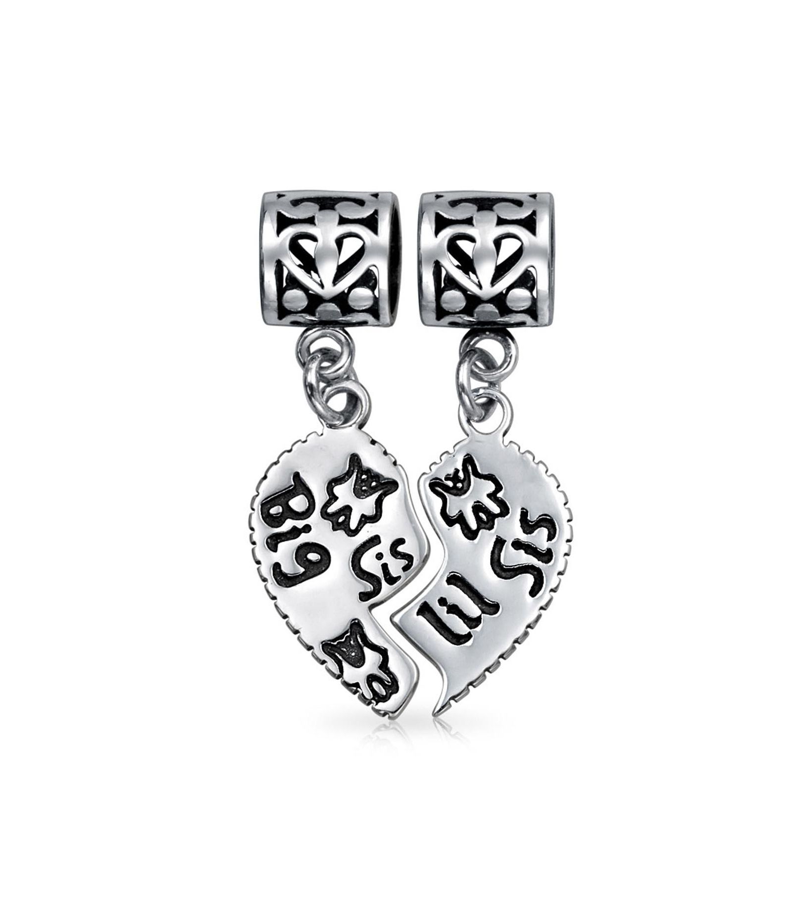 Bling Jewelry Sterling Silver BFF Big Sis Little Sis Puzzle 2 Piece Split Heart Sisters Bead Charm for Bracelet