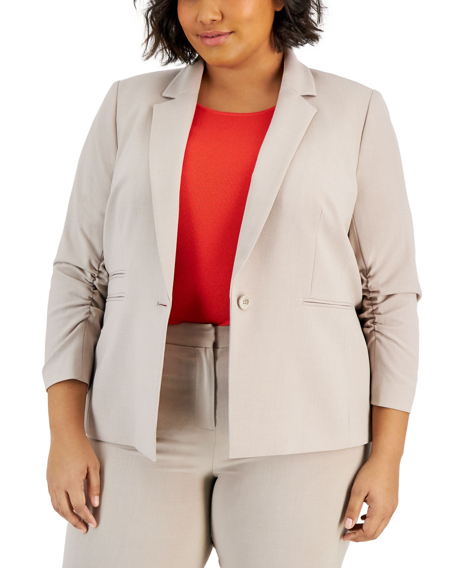 Tahari ASL Plus Size Notched Collar Ruched-Sleeve Blazer