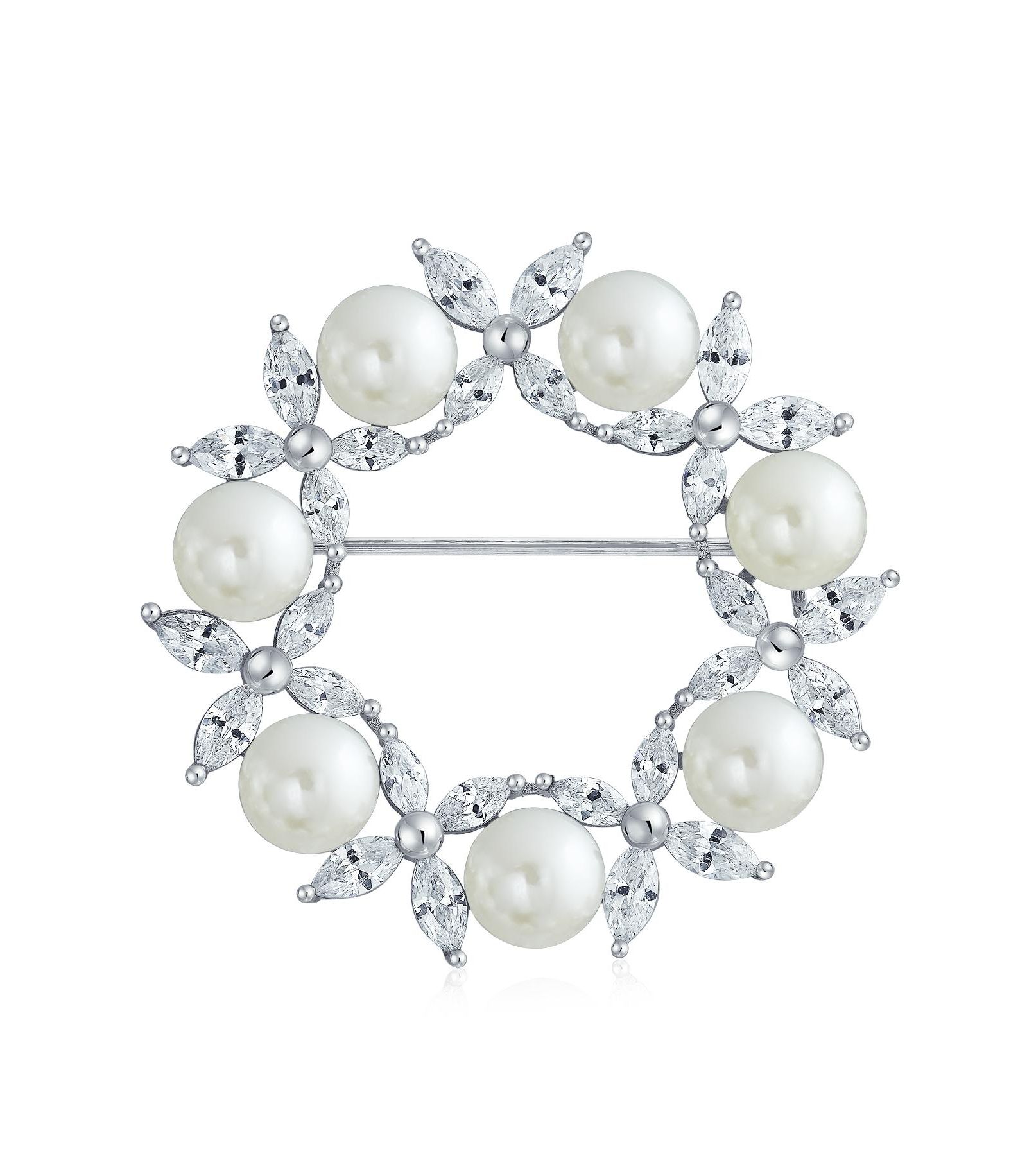 Брошь Bling Jewelry Elegant CZ Cubic Zirconia White Pearl Wreath Circle Scarf Pin