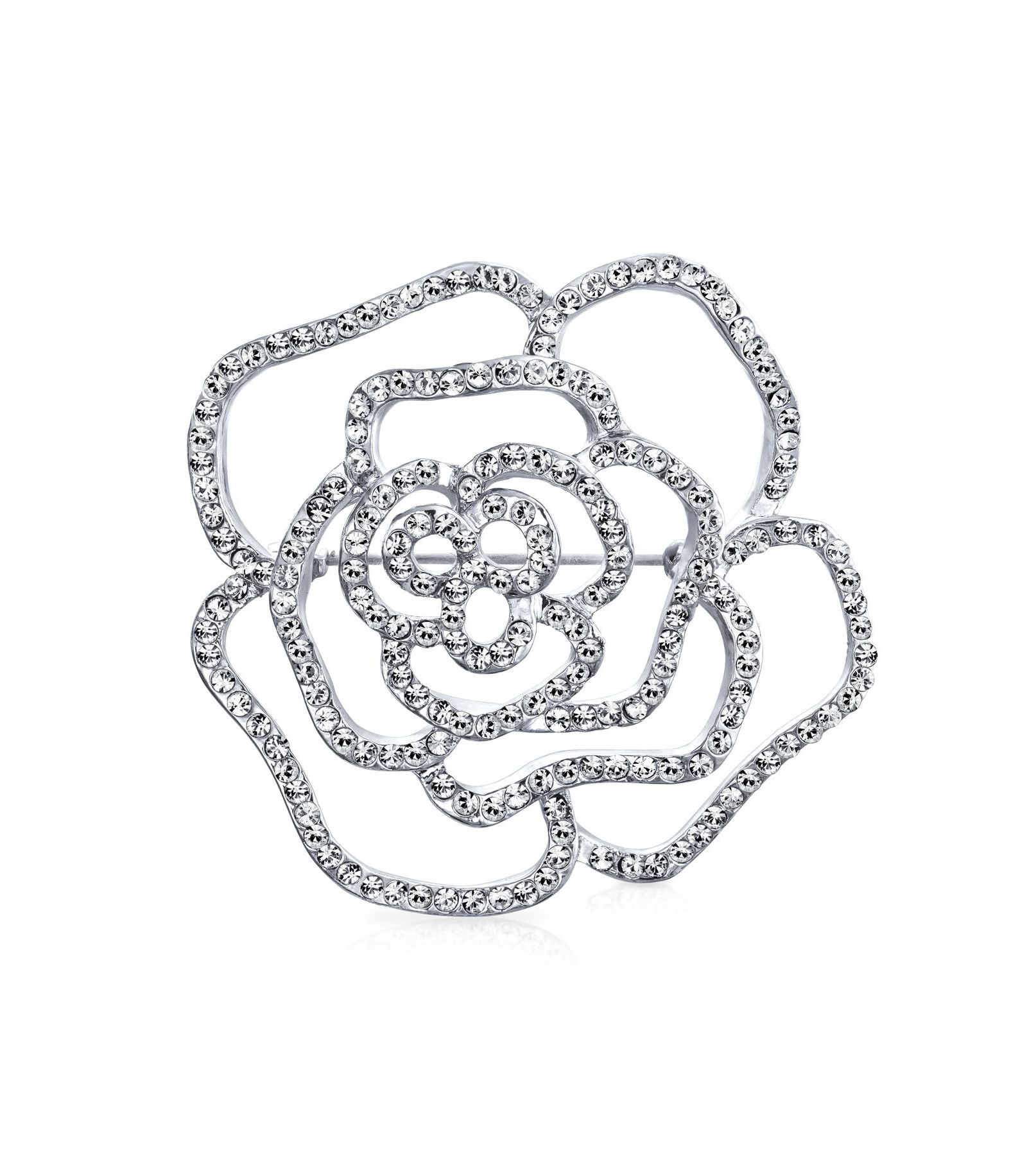 Bling Jewelry Large Fashion Statement Rose Flower Brooch Pin with Sparkling Crystals Silver Tone