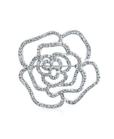 Bling Jewelry Large Fashion Statement Rose Flower Brooch Pin with Sparkling Crystals Silver Tone
