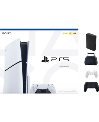 Sony - PlayStation 5 Slim Console - White With Accessories & Black Controller (Total 2 Controllers Included)