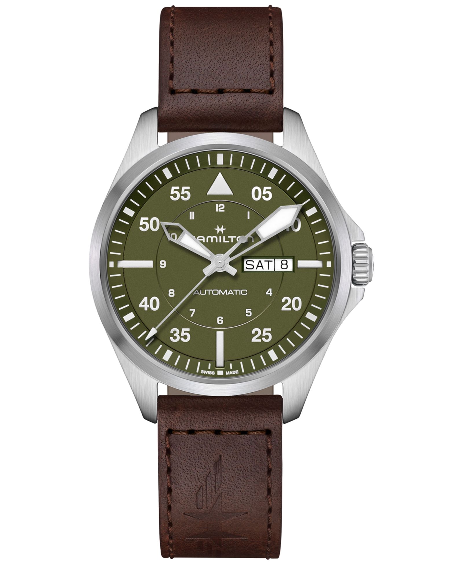 Мужские часы Hamilton Swiss Automatic Khaki Aviation Day Date, коричневый кожаный ремешок, 42mm