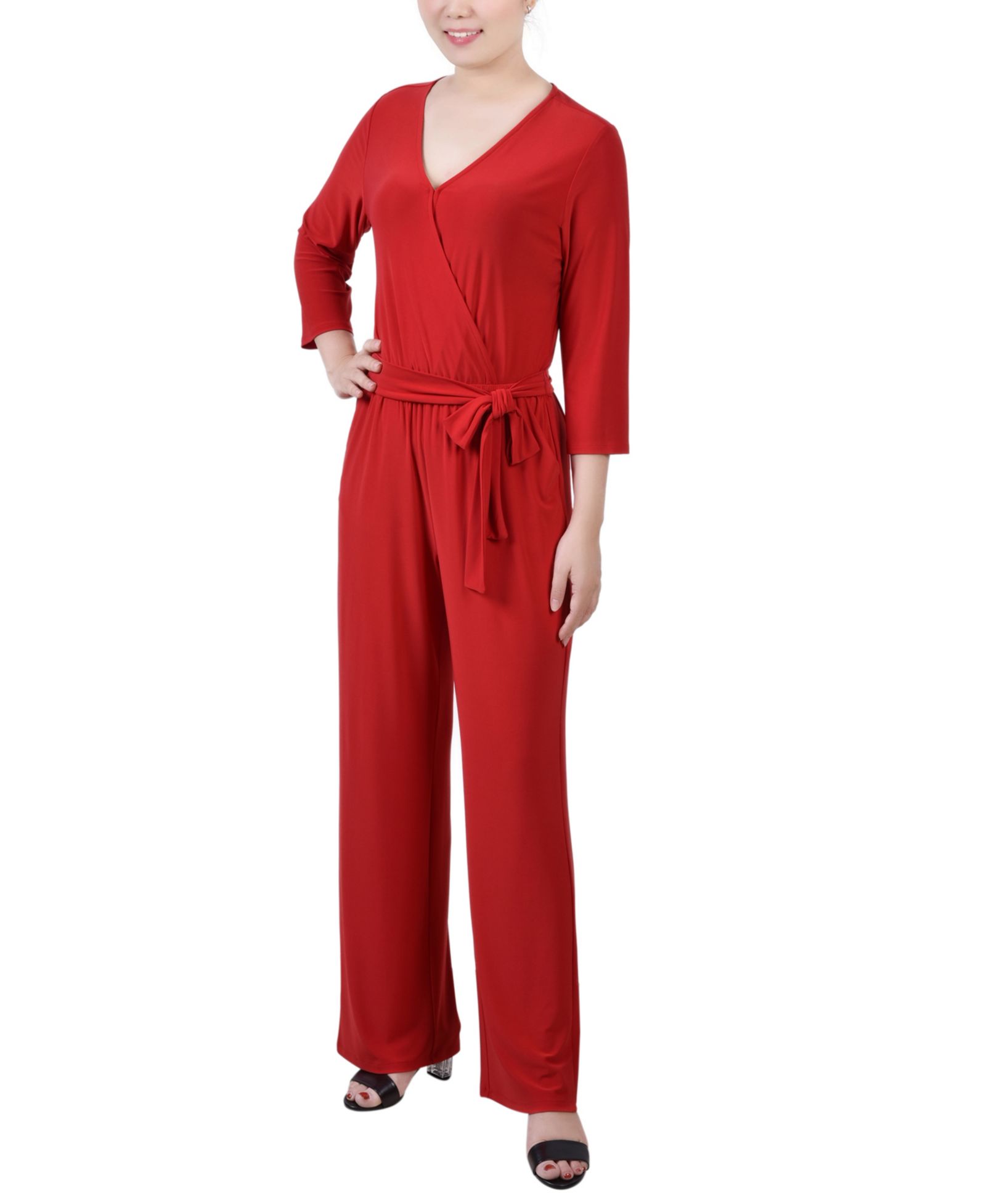 NY Collection Petite 3/4 Sleeve Belted Wide Leg Jumpsuit