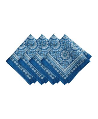 Vietri Medallion Blue Block Print Stain Water Resistant Indoor and Outdoor Napkins, Set of 4
