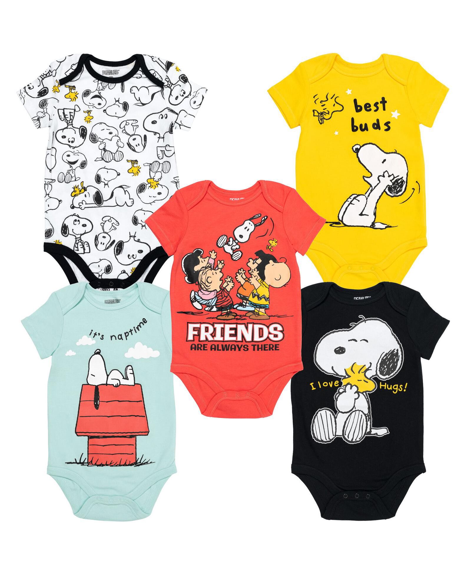 PEANUTS Snoopy Charlie Brown Boys 5 Pack Bodysuits Multi Infant