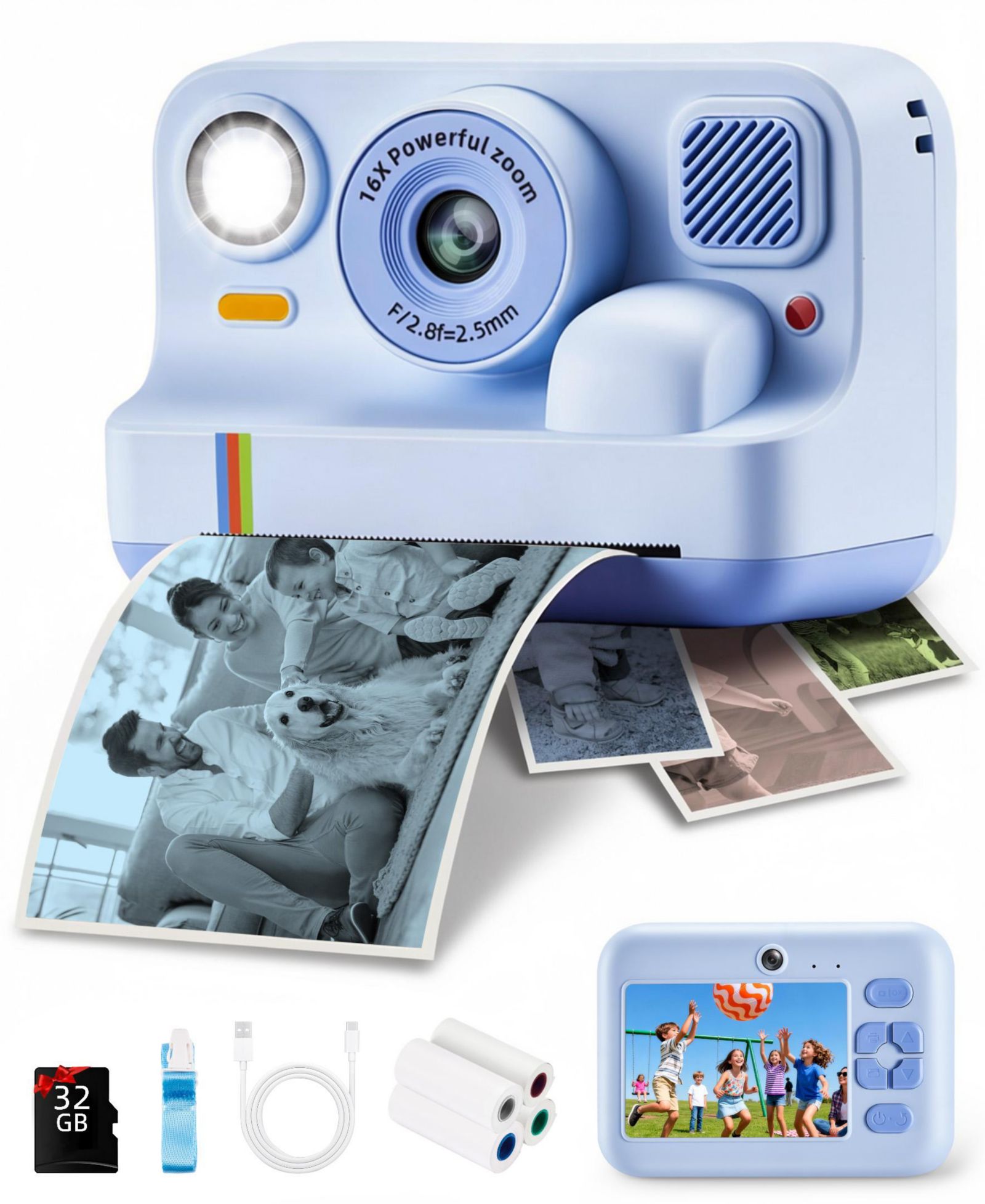 Kids Instant Print Camera 48MP with 16X Zoom, 1080P HD Video, Bluetooth, Dual Lens, 32GB Card & 4 Print Rolls