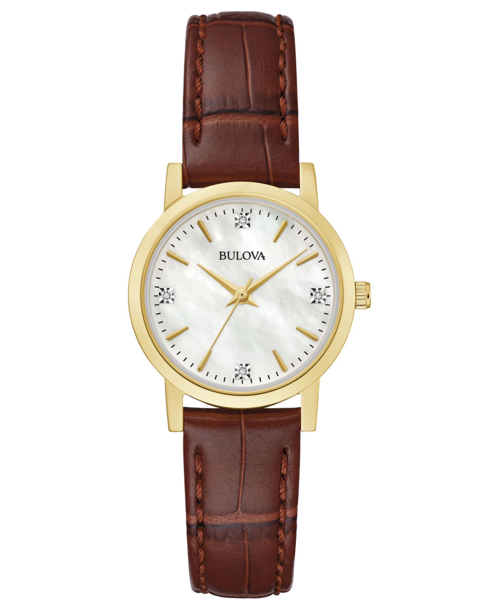 Женские часы Bulova с бриллиантовым акцентом и коричневым кожаным ремешком, 27mm