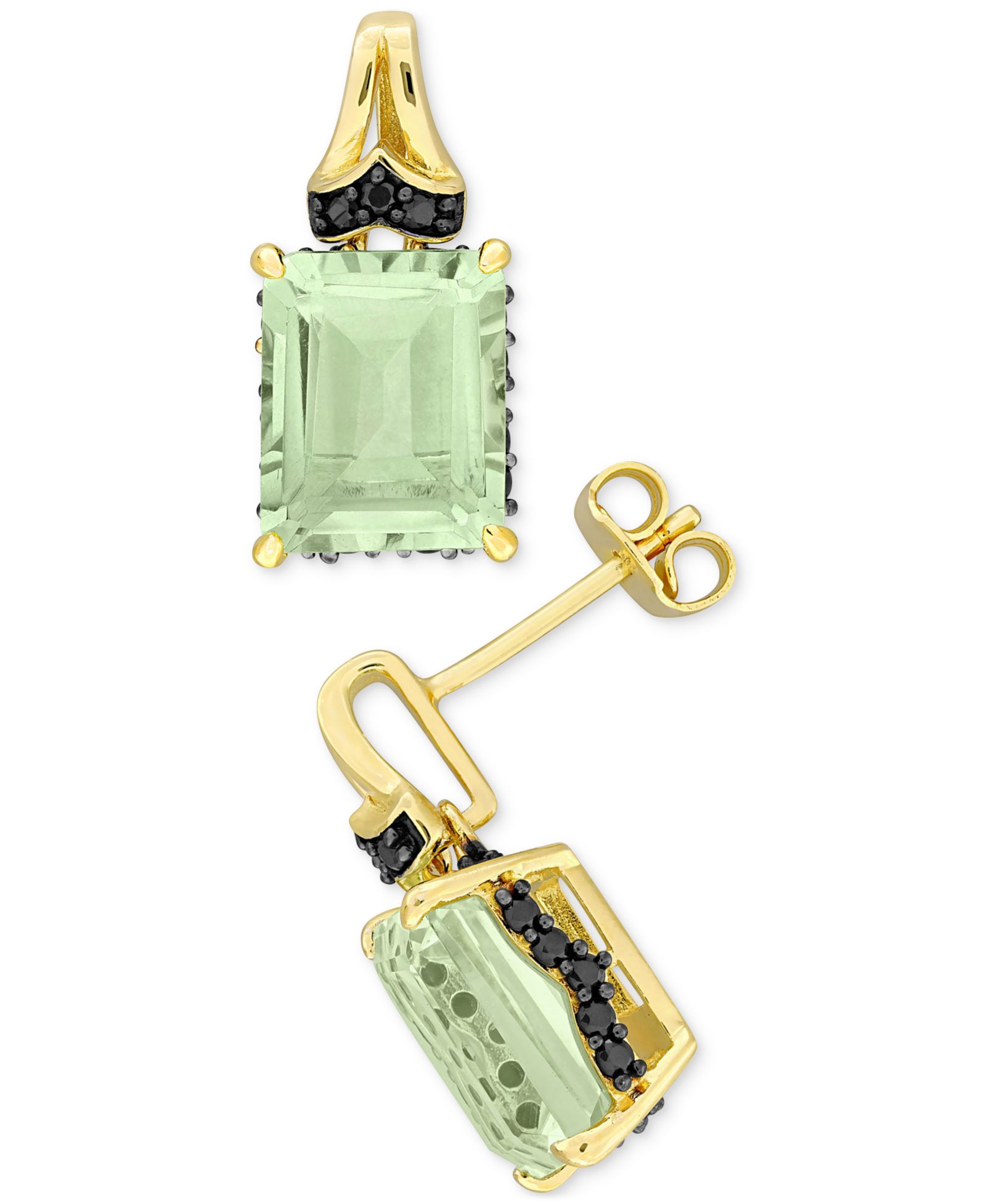 Серьги-гвоздики Green Quartz & Black Sapphire Halo в Gold-Plated Sterling Silver